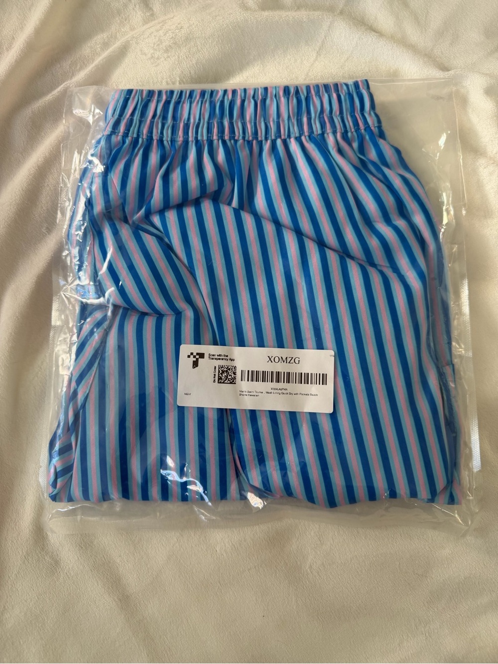 Amazon Men’s Blue & Pink Striped Swim Trunks